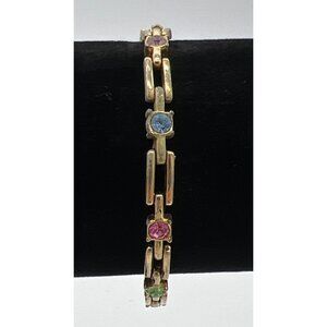 Gold-Tone Link Bracelet With Multicolor Gemstones & Fold-Over Clasp 7 Inches